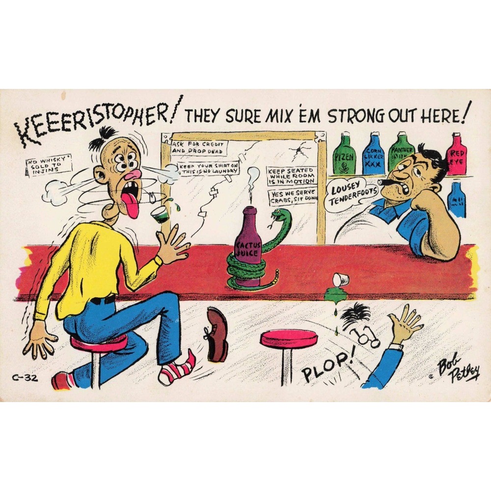 Vintage Bob Petley Laff Card Postcard C-32 Western Humor Bar Scene Phoenix AZ